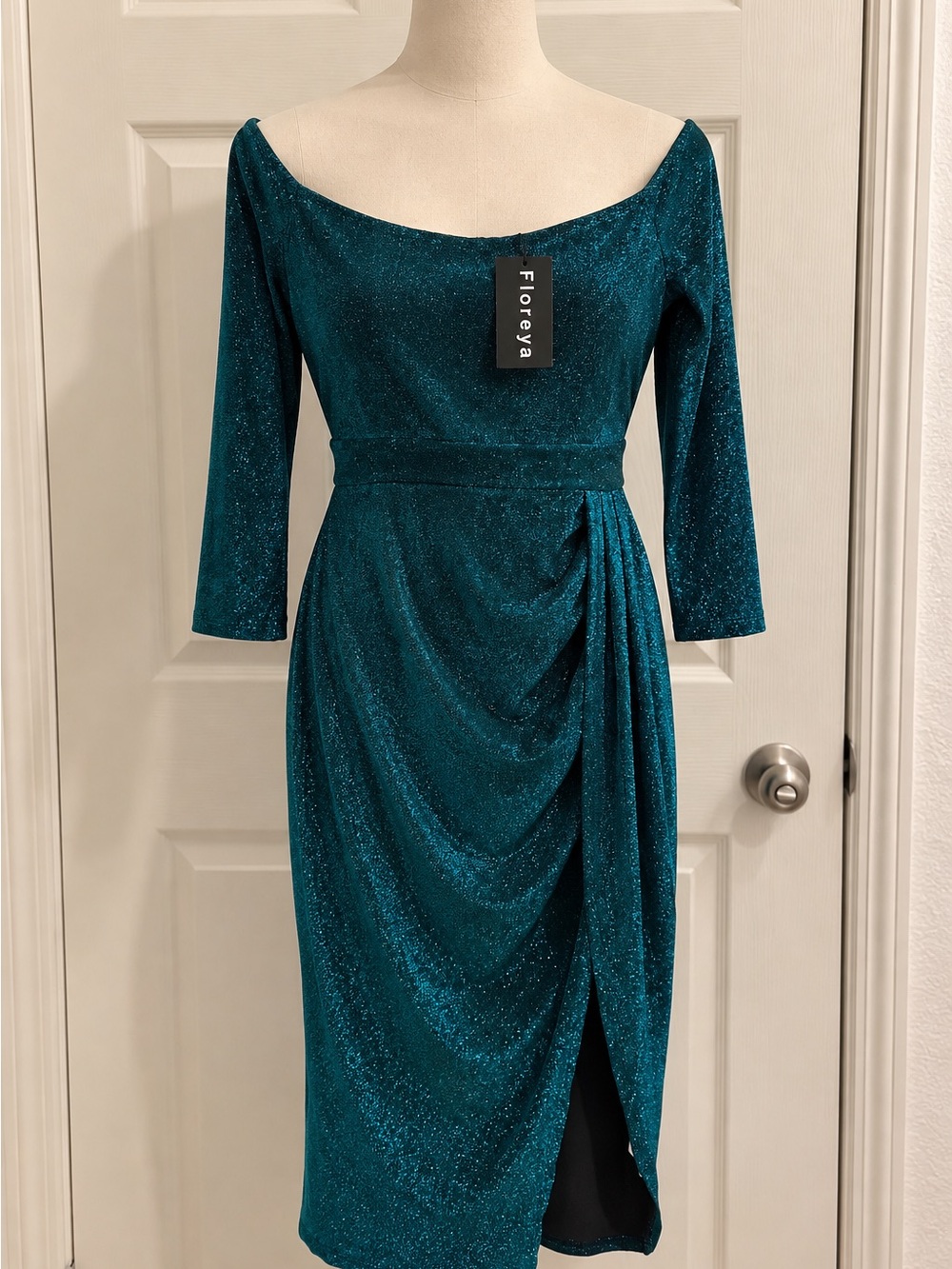 Floreya Emerald Green Glitter Off Shoulder Midi Dress XL NWT